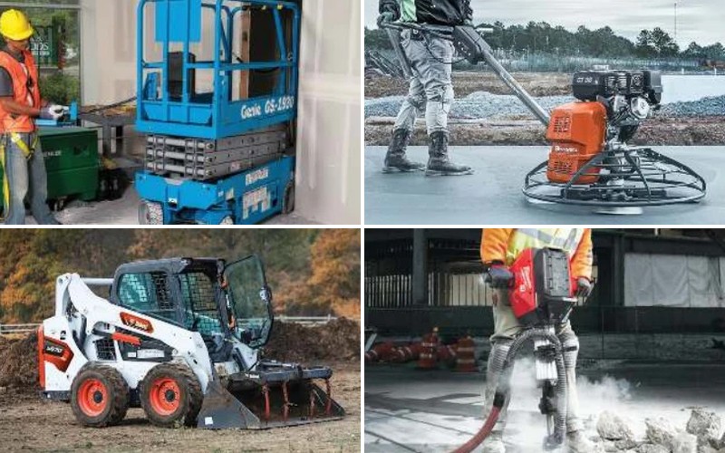 Rental equipment: a Genie scissor lift, a power trowel, a Bobcat skid steer, and a Milwaukee breaker hammer