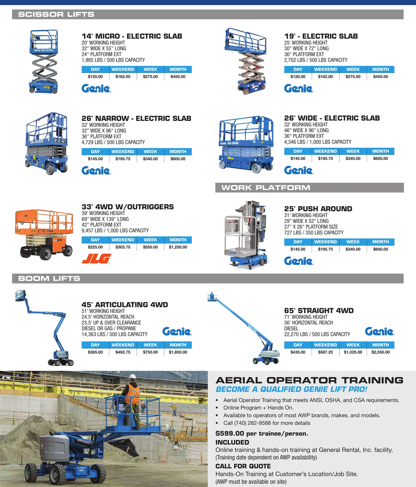 General Rental aerial equipment section showing Genie and JLG scissor lifts and boom lifts from 14 feet to 65 feet, plus aerial operator training details
