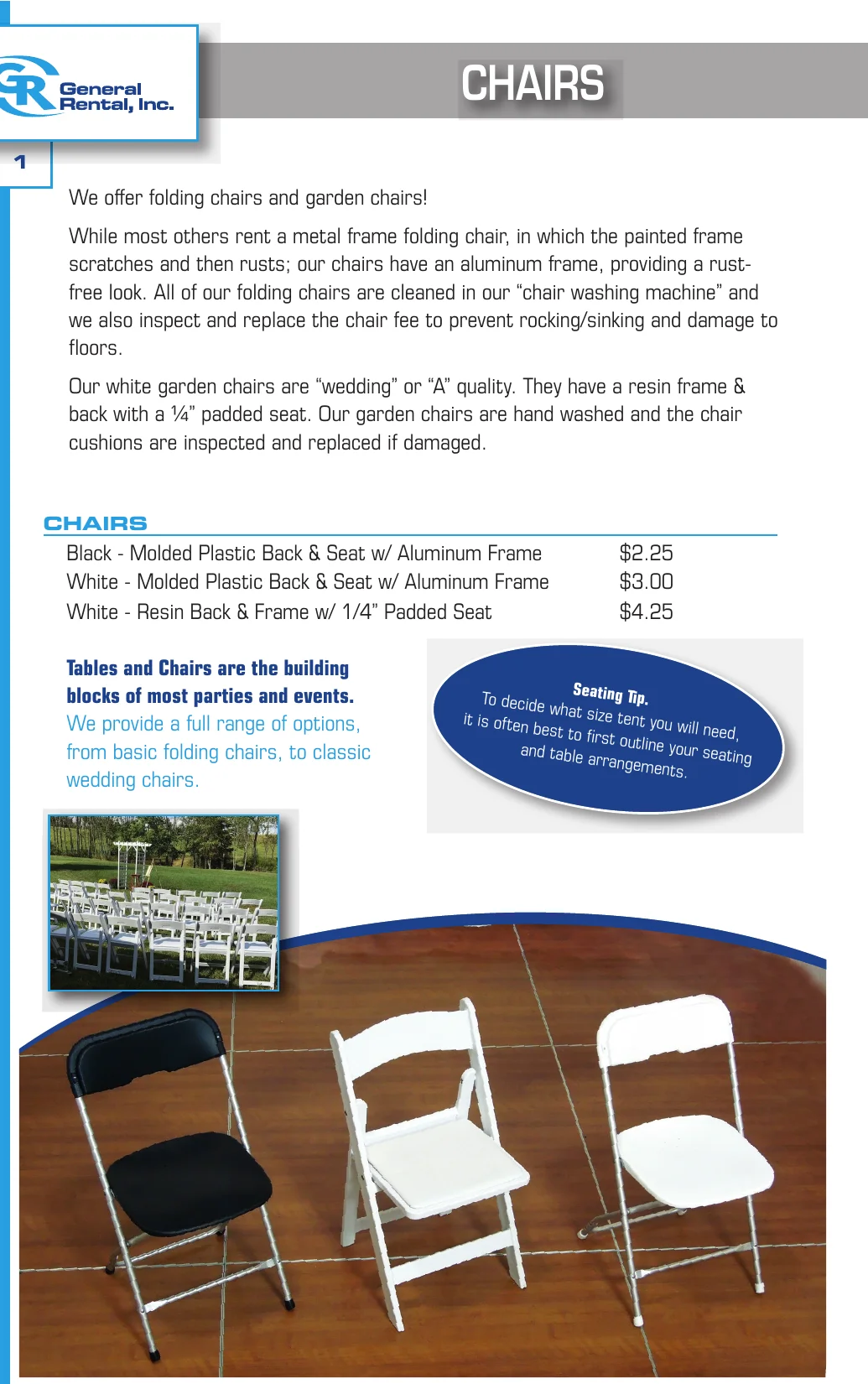 General Rental event catalog chairs page showing black folding, white folding, and white resin garden (wedding) chairs with rates