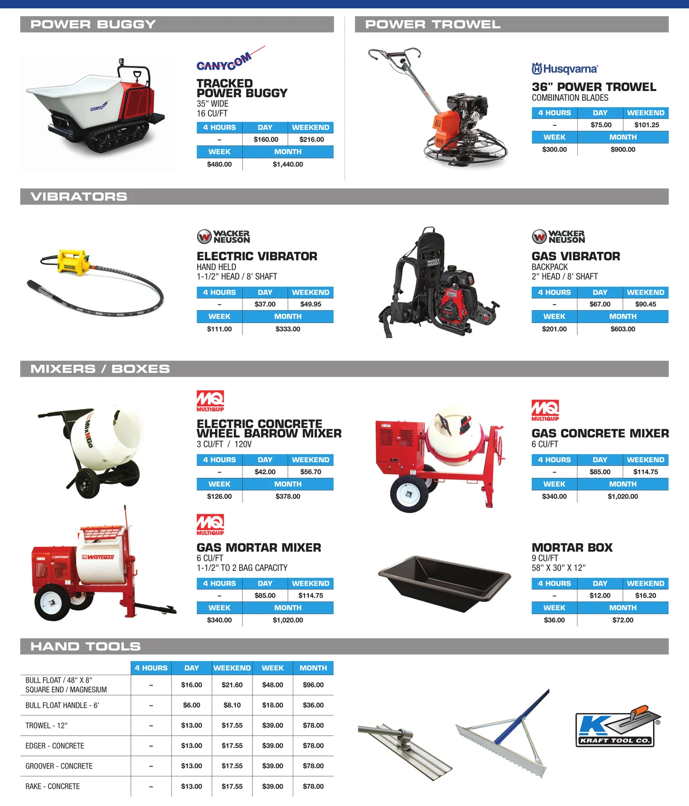 General Rental concrete equipment catalog section showing wheelbarrow and gas mixers, saws, and finishing tools — continued (page 3 of 3)