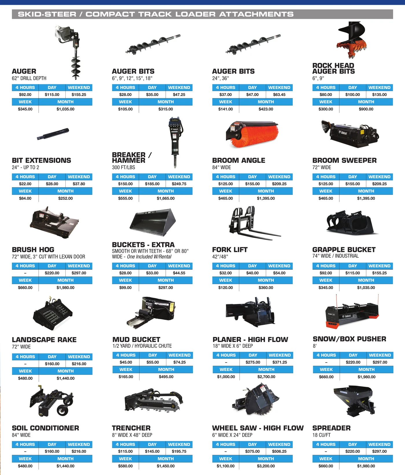 General Rental earthmoving equipment catalog section showing Bobcat skid steers, mini excavators, backhoes, and attachments — continued (page 2 of 4)