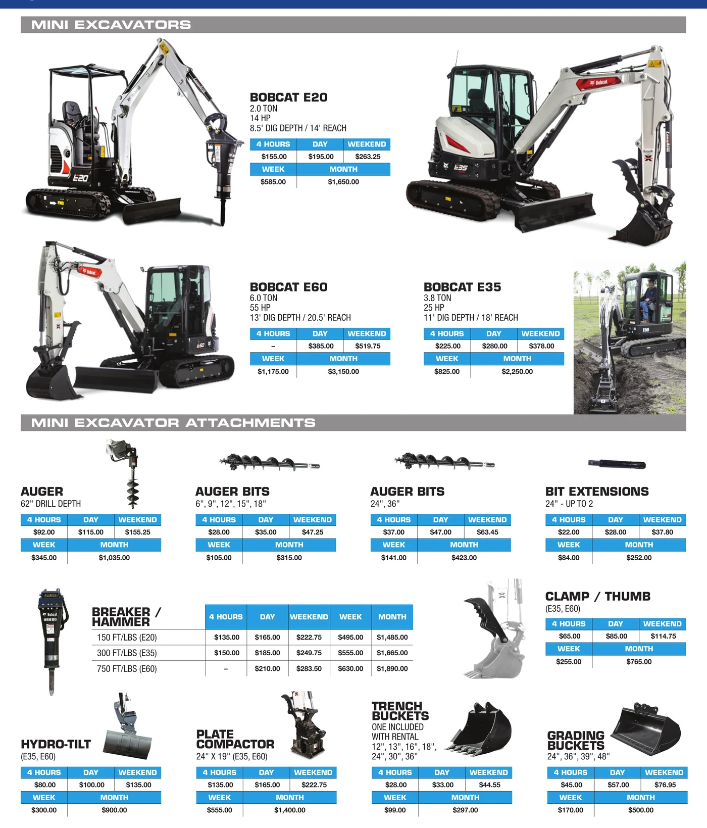 General Rental earthmoving equipment catalog section showing Bobcat skid steers, mini excavators, backhoes, and attachments — continued (page 3 of 4)