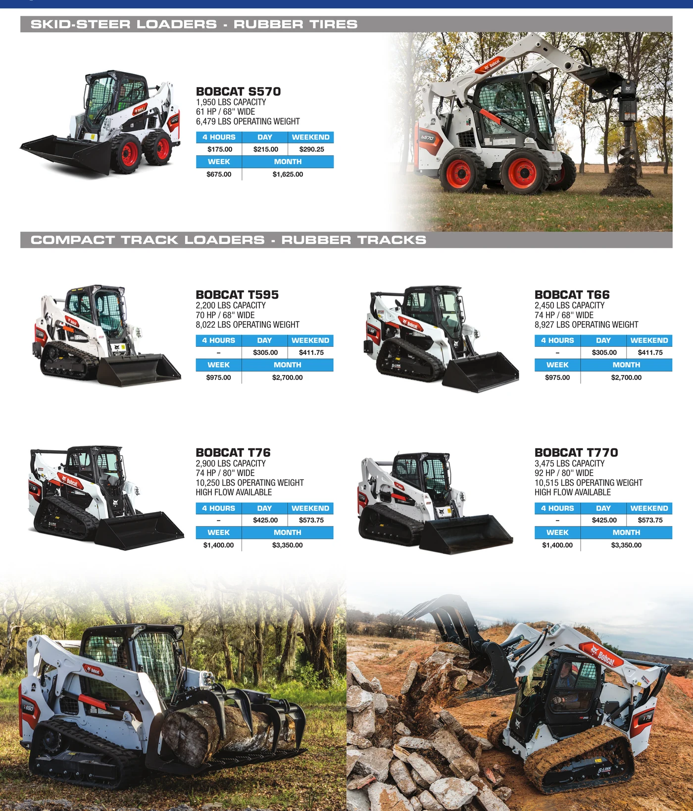 General Rental earthmoving equipment catalog section showing Bobcat skid steers, mini excavators, backhoes, and attachments