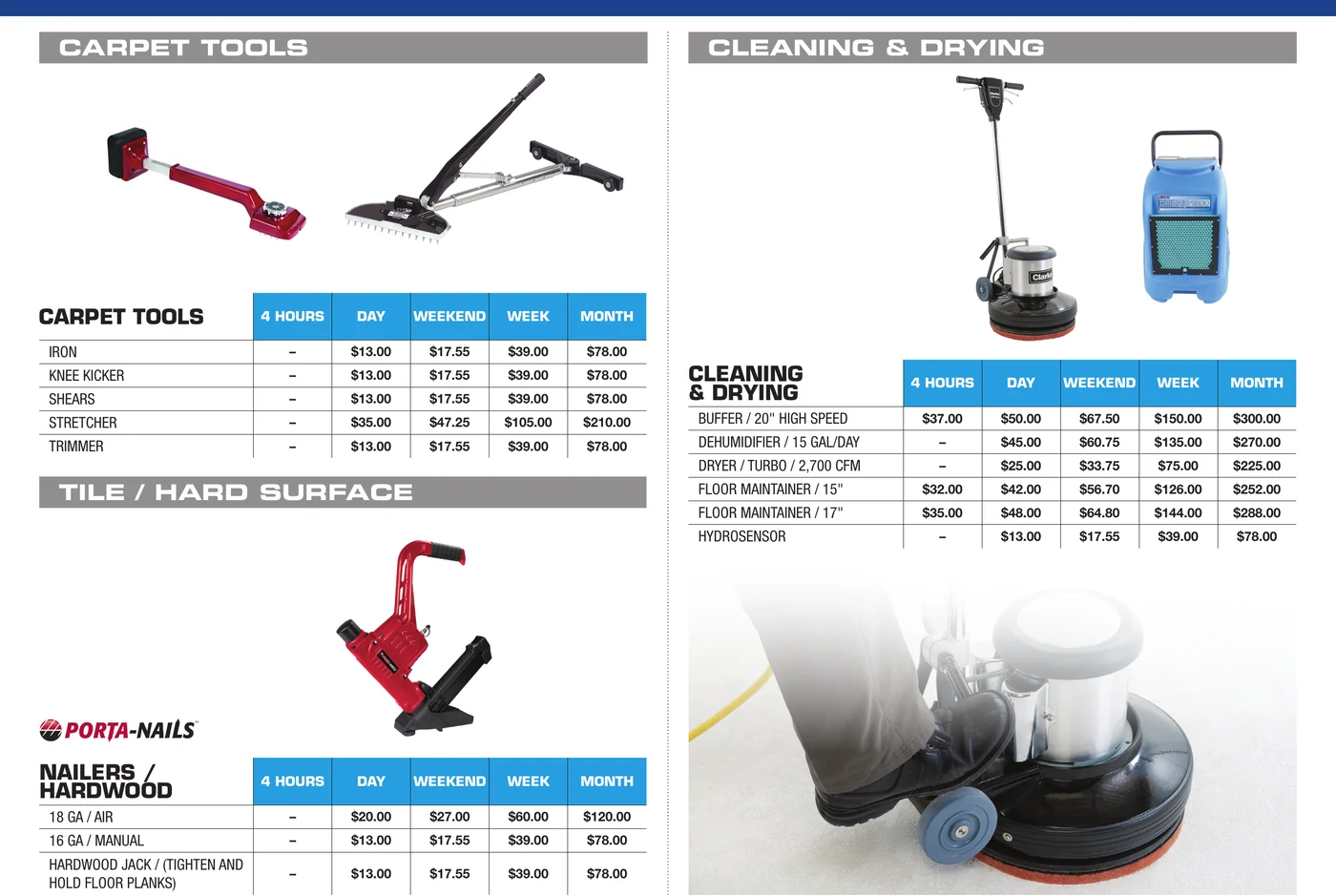General Rental floor tools catalog section showing carpet tools, hardwood nailers, floor buffers, and cleaning and drying equipment — continued (page 2 of 2)