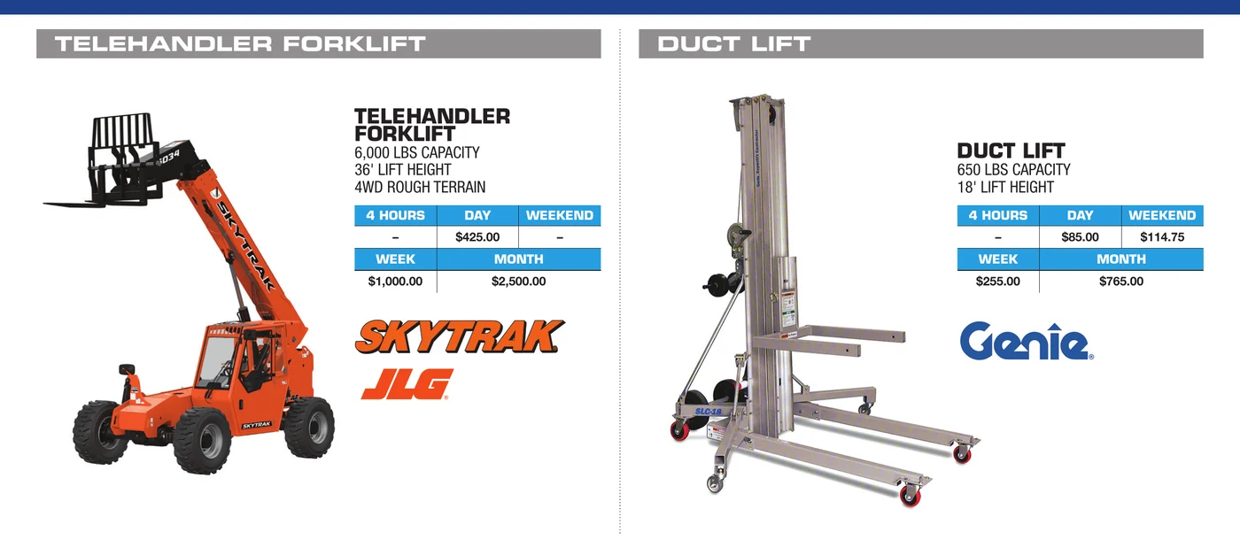 General Rental forklift and material handlers catalog section showing SkyTrak telehandler forklift and Genie duct lift