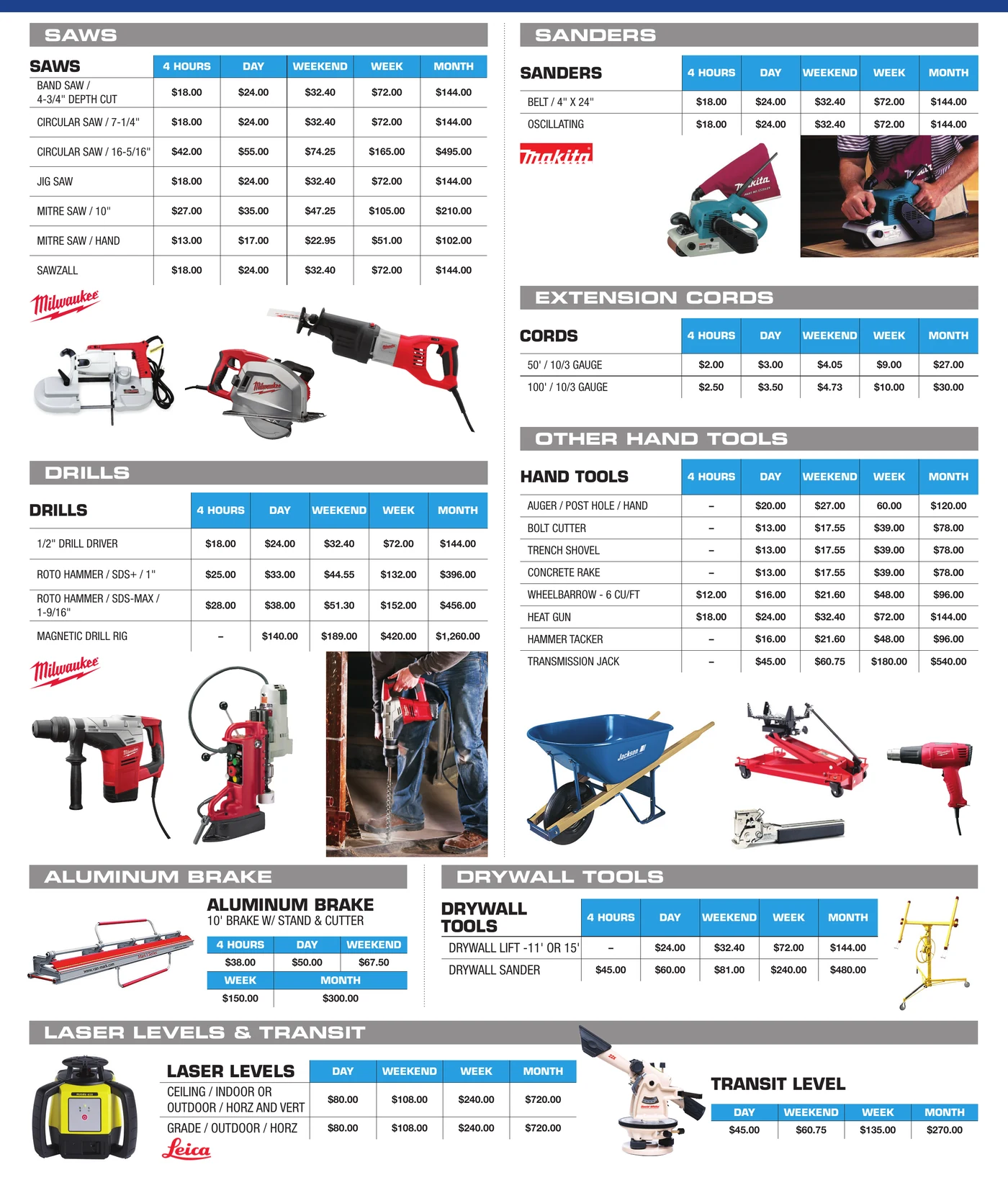 General Rental general construction tools catalog section showing roto hammer, wheelbarrow, and hand and power tools