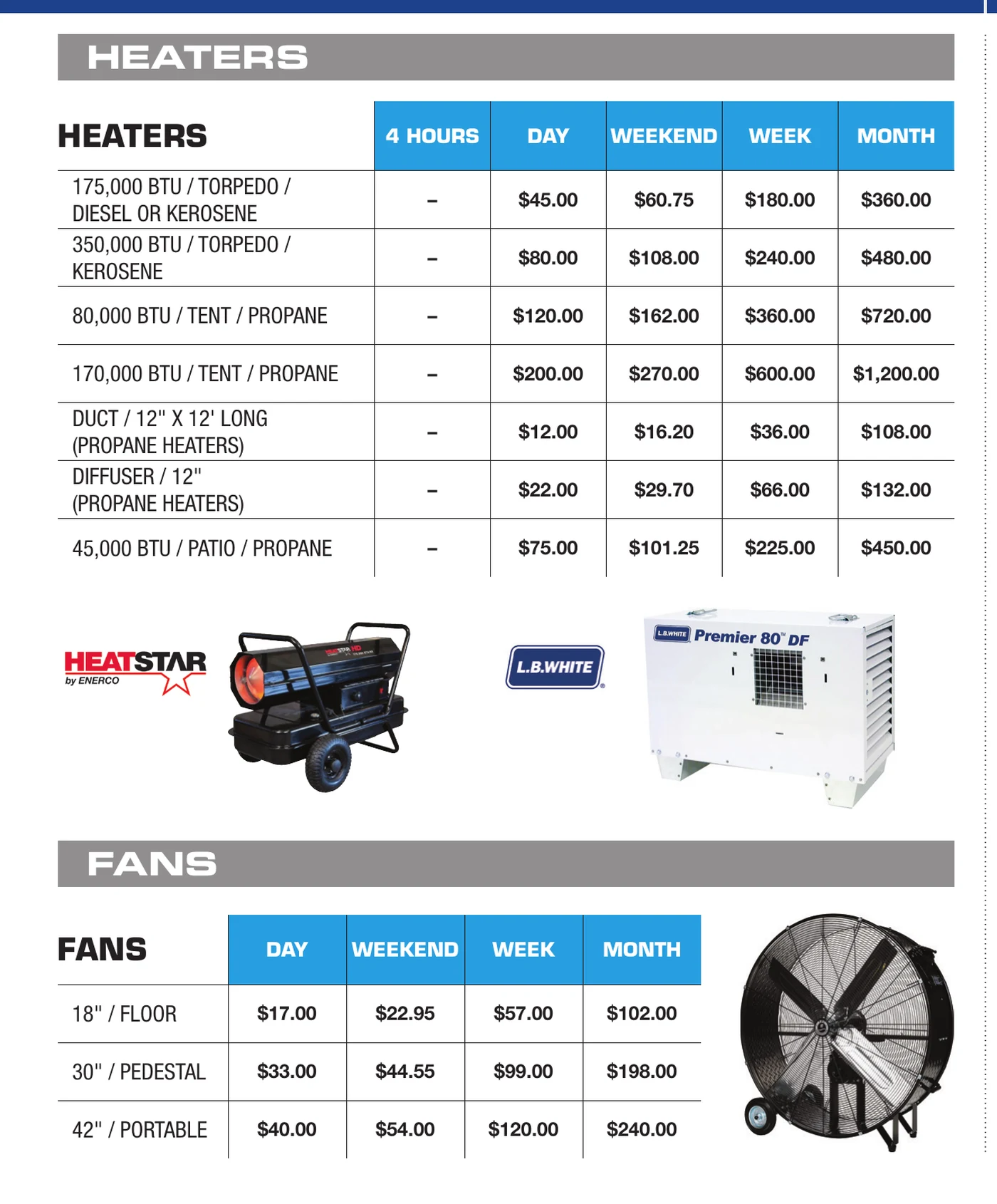 General Rental heaters and fans catalog section showing HeatStar torpedo heaters, L.B. White propane tent heater, and portable fans