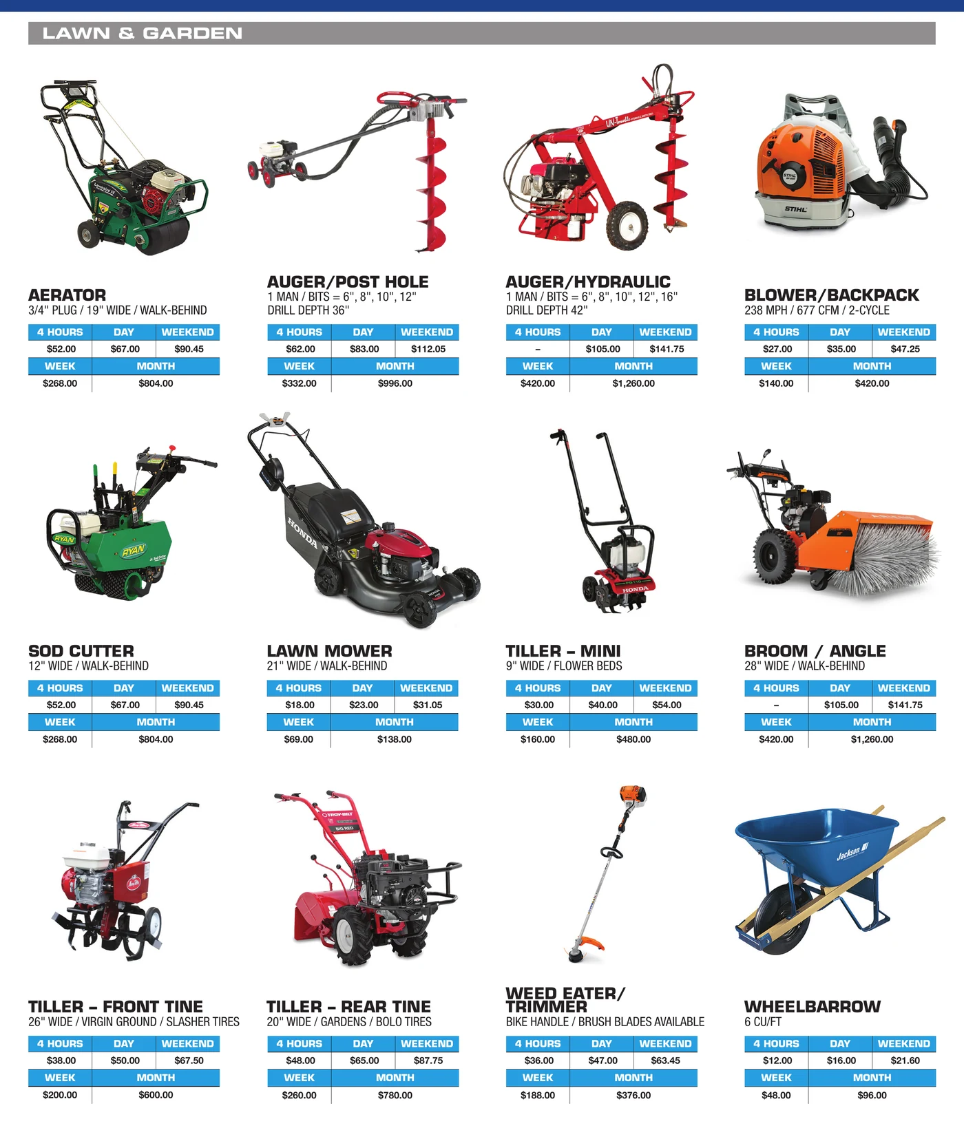 General Rental lawn and garden equipment catalog section showing tillers, log splitter, wood chipper, pole saw, and lawn tools