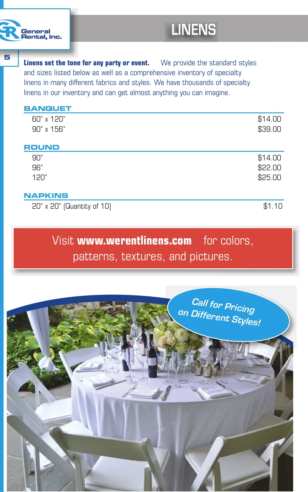 General Rental event catalog linens page showing banquet and round tablecloth sizes, napkins, and a decorated reception table