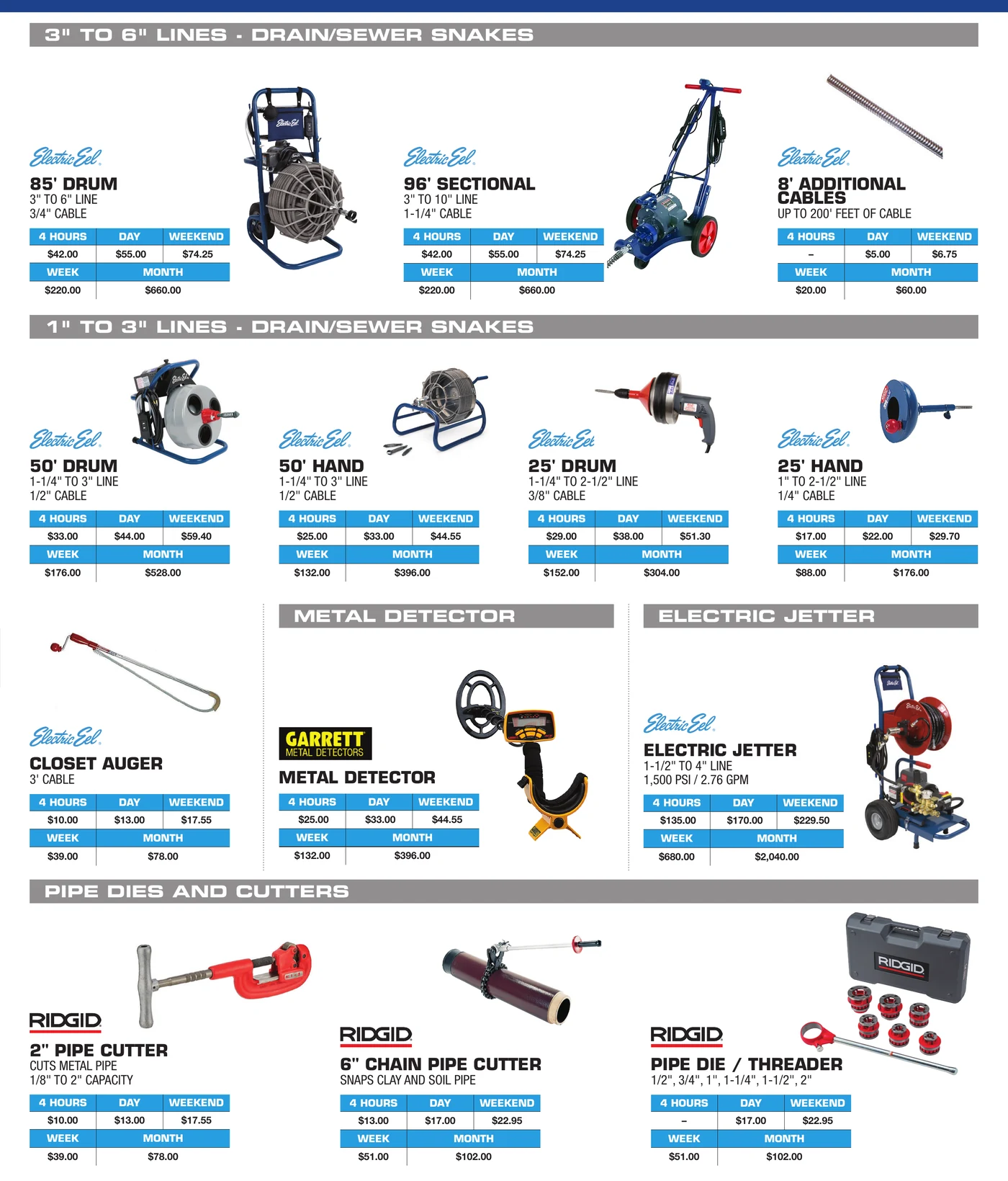 General Rental plumbing equipment catalog section showing drain snakes, pipe threader, and plumbing hand tools