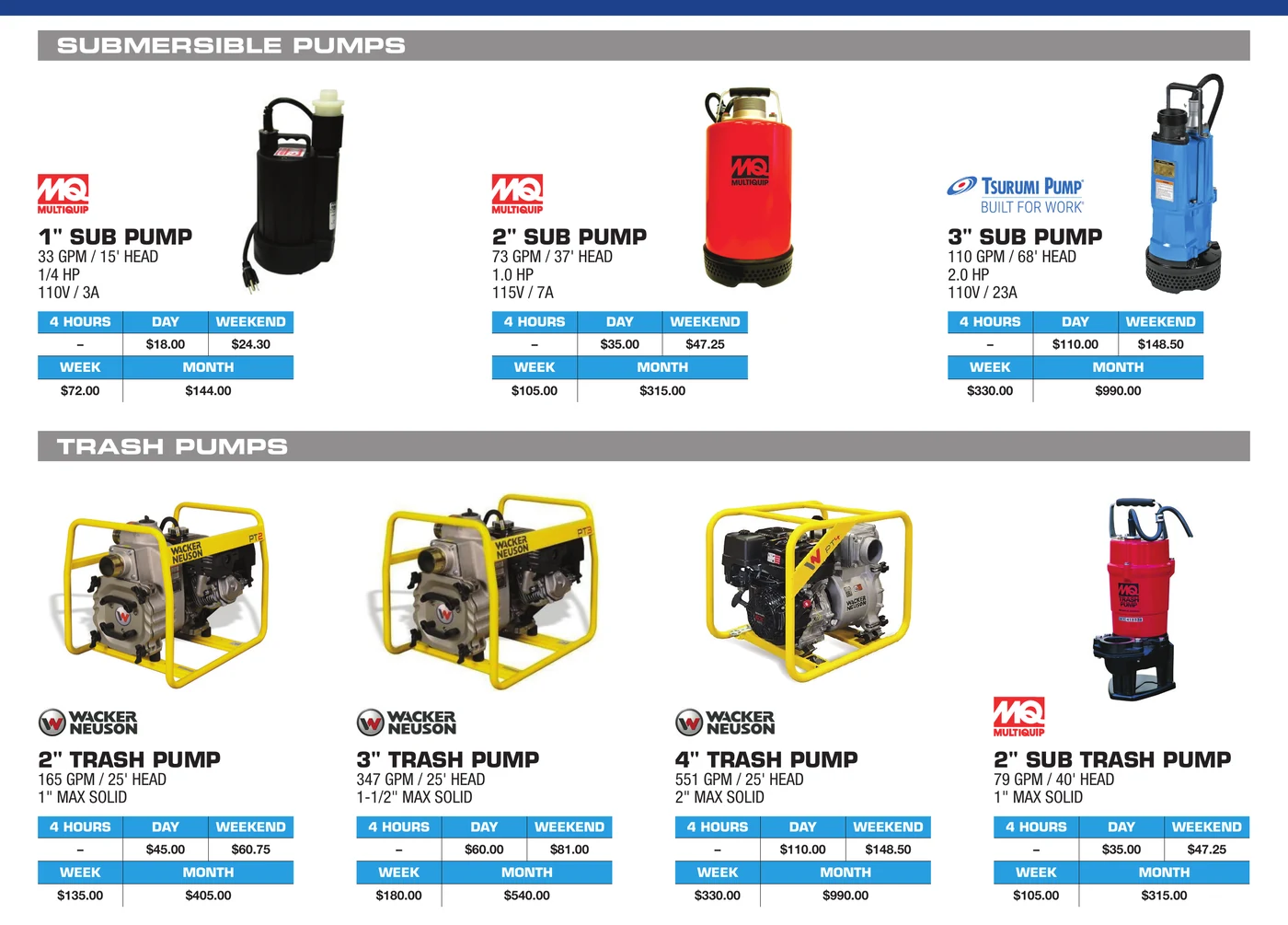 General Rental pumps and hoses catalog section showing Wacker Neuson trash pumps and Multiquip and Tsurumi submersible pumps