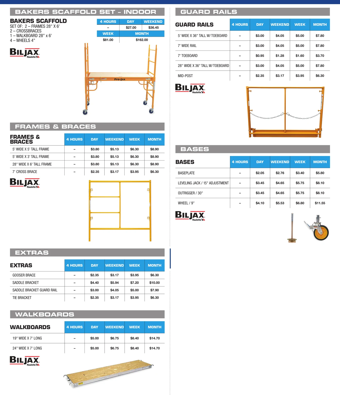 General Rental scaffold catalog section showing Bil-Jax bakers scaffold, frames, walkboards, guard rails, and bases