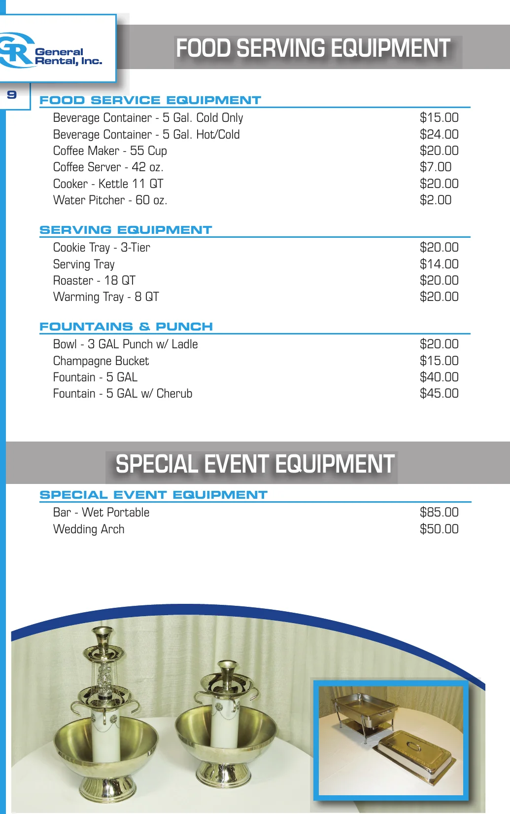 General Rental event catalog serving equipment page showing coffee makers, beverage containers, punch fountains, warming trays, wet bar, and wedding arch