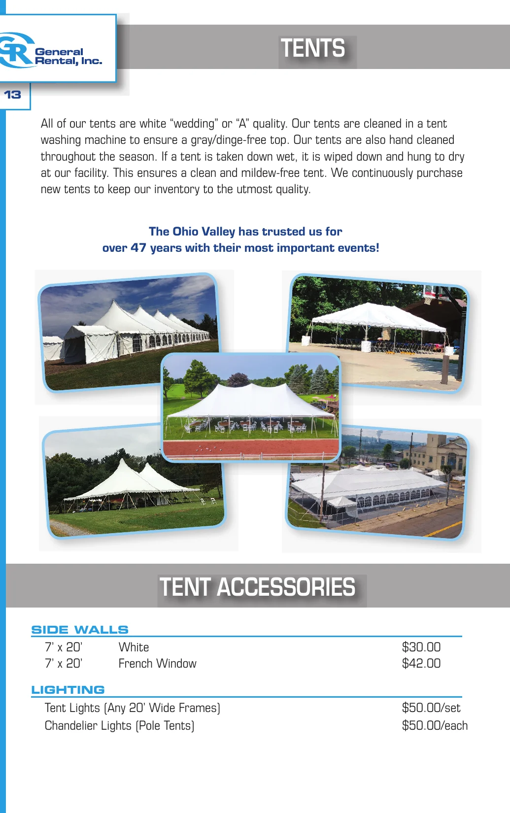 General Rental event catalog tent overview page showing pole and frame tent photos, cleaning process, and tent accessory pricing