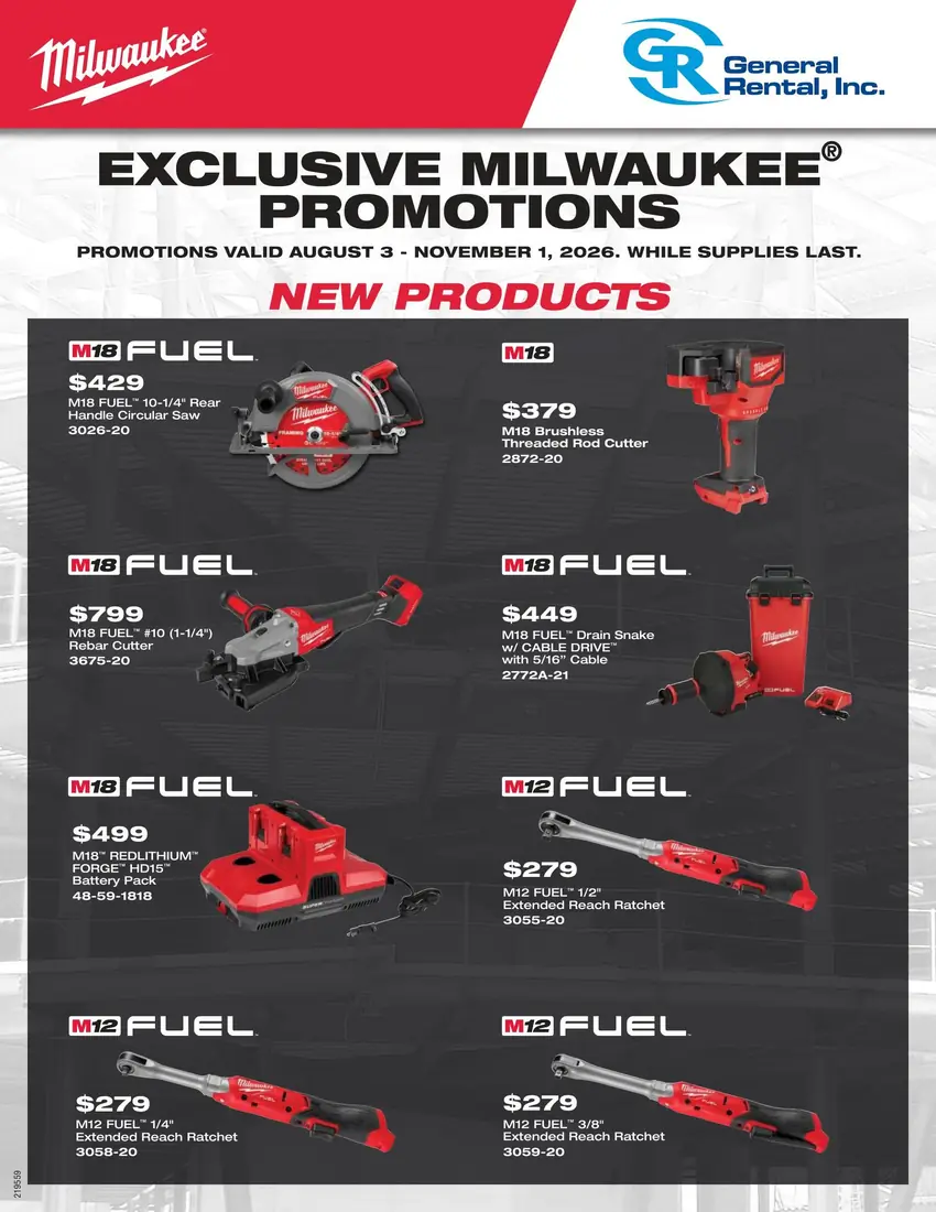 Cover of General Rental's exclusive Milwaukee promo flyer showing featured M18 and M12 deals